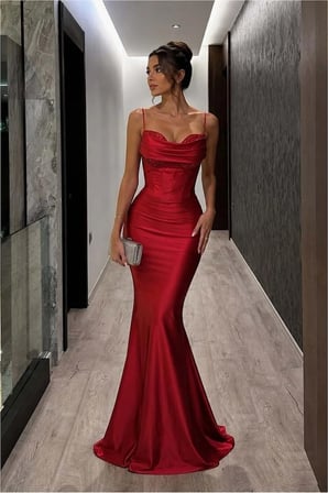 SALMORE Saten Elbise Kalp Abiye Yaka Askılı Kumaş · Renk: Saks · Beden: XL BTY