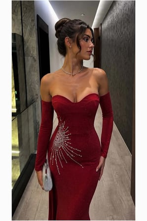 SALMORE Straplez Elbise Abiye Balık Kesim · Renk: Kırmızı · Beden: L BTY