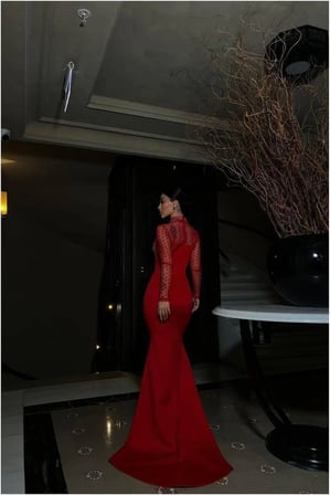 SALMORE Tül Dik Kumaş Kesim Abiye Yaka Balık Elbise · Renk: Kırmızı · Beden: XL BTY