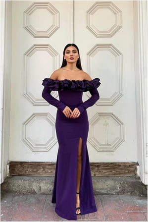 SALMORE Esnek Kumaş Abiye Straplez Saten Elbise Yırtmaçlı · Renk: Mor · Beden: XL BTY
