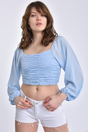 Modkofoni Uzun Kollu Yaka ve Sırt Detaylı Bebe Mavi Kadın Bluz