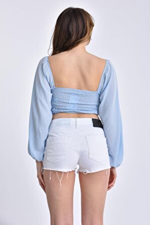 Modkofoni Uzun Kollu Yaka ve Sırt Detaylı Bebe Mavi Kadın Bluz