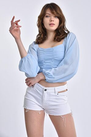 Modkofoni Uzun Kollu Yaka ve Sırt Detaylı Bebe Mavi Kadın Bluz