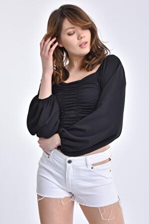 Modkofoni Uzun Kollu Yaka ve Sırt Detaylı Siyah Kadın Bluz