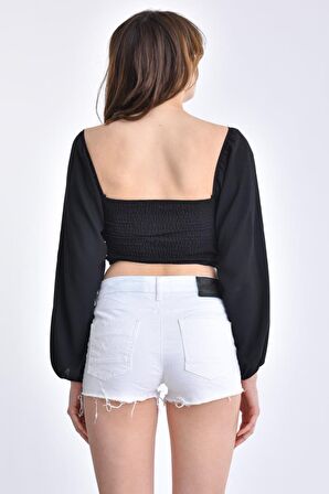 Modkofoni Uzun Kollu Yaka ve Sırt Detaylı Siyah Kadın Bluz