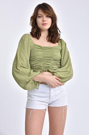 Modkofoni Uzun Kollu Yaka ve Sırt Detaylı Yeşil Kadın Bluz