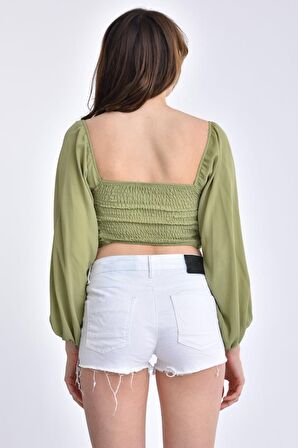 Modkofoni Uzun Kollu Yaka ve Sırt Detaylı Yeşil Kadın Bluz