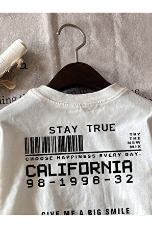 Beyaz - Unisex Barkodlu California Baskılı Oversize T-Shirt