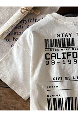 Beyaz - Unisex Barkodlu California Baskılı Oversize T-Shirt