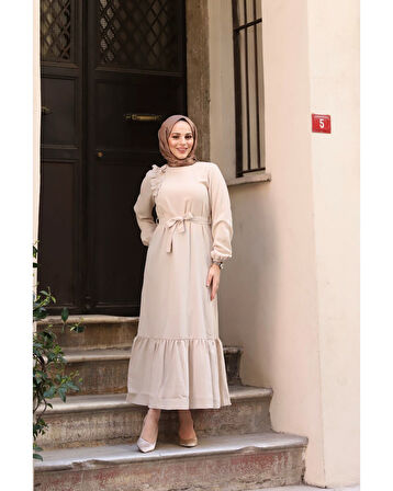 Krep Kumaş Omuz Fırfırlı Elbise Ekru-761