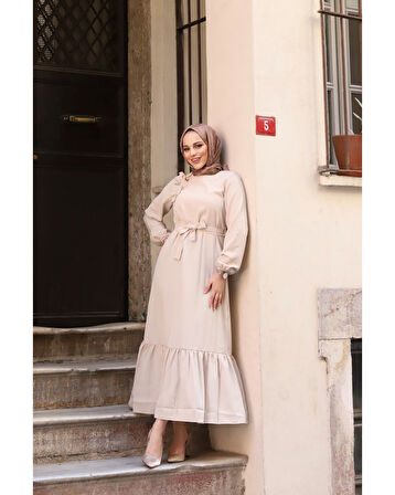 Krep Kumaş Omuz Fırfırlı Elbise Ekru-761