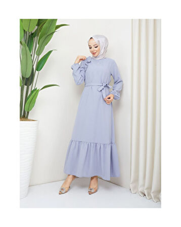 Krep Kumaş Omuz Fırfırlı Elbise Gri-755