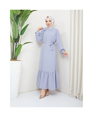 Krep Kumaş Omuz Fırfırlı Elbise Gri-755