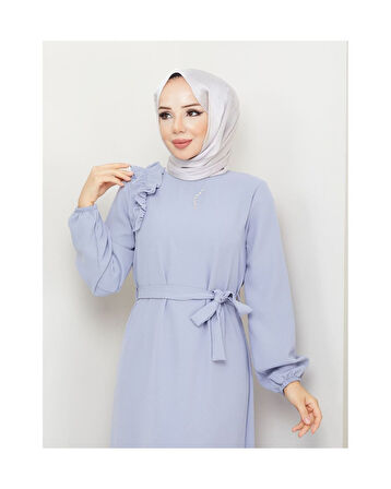 Krep Kumaş Omuz Fırfırlı Elbise Gri-755