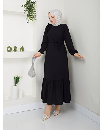 Krep Kumaş Omuz Fırfırlı Elbise Siyah