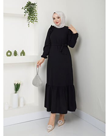 Krep Kumaş Omuz Fırfırlı Elbise Siyah