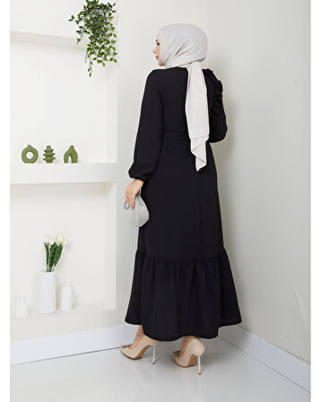 Krep Kumaş Omuz Fırfırlı Elbise Siyah