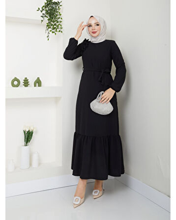 Krep Kumaş Omuz Fırfırlı Elbise Siyah