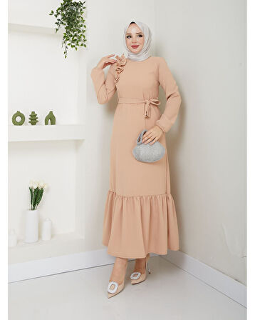 Krep Kumaş Omuz Fırfırlı Elbise Somon