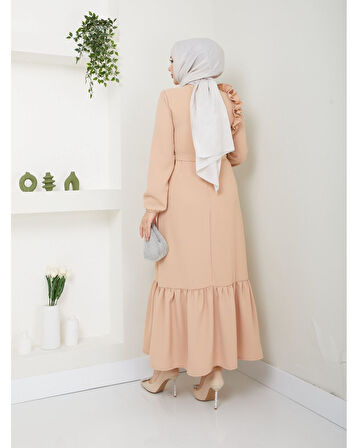 Krep Kumaş Omuz Fırfırlı Elbise Somon