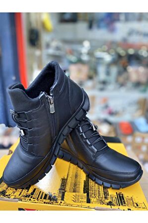 Hakiki Deri Siyah Yumuşak Fermuarlı Lastik Bağcıklı Kadın Bot