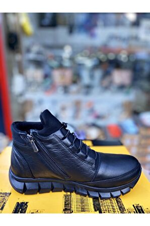 Hakiki Deri Siyah Yumuşak Fermuarlı Lastik Bağcıklı Kadın Bot