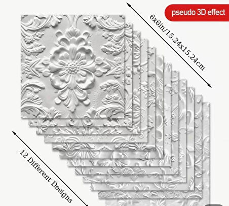 12 Sayfa ASSTSS 2D Beyaz Kabartmalı Çiçek Scrapbook Kağıt Ped - 15.24x15.24 cm