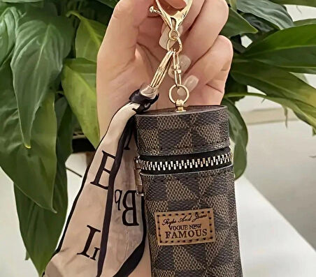 Şık Kahverengi Fularlı Ruj Tutucu Fermuarlı - Kadınlar için Çok Fonksiyonlu Madeni Para Cüzdanı