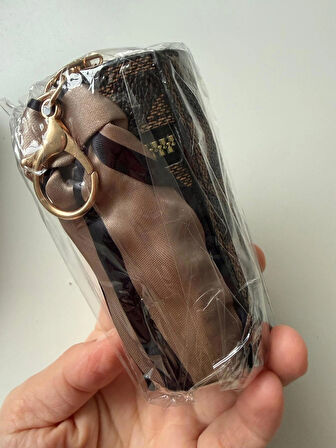 Şık Kahverengi Fularlı Ruj Tutucu Fermuarlı - Kadınlar için Çok Fonksiyonlu Madeni Para Cüzdanı