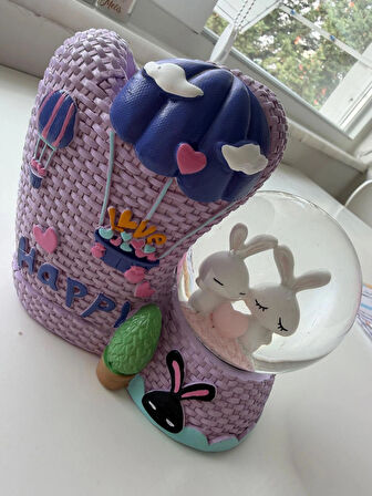 Tavşanlı Mor Happy Kalemlikli Kar Küresi Özel Hediye Kutulu