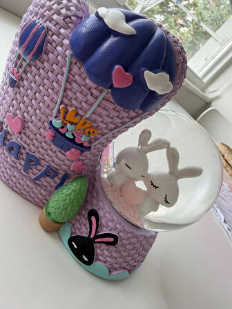 Tavşanlı Mor Happy Kalemlikli Kar Küresi Özel Hediye Kutulu