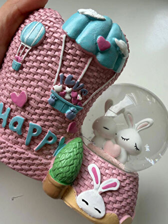 Tavşanlı Pembe Happy Kalemlikli Kar Küresi Özel Hediye Kutulu