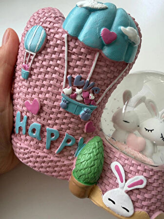 Tavşanlı Pembe Happy Kalemlikli Kar Küresi Özel Hediye Kutulu