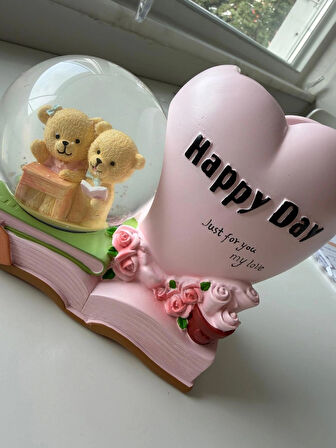 Tavşanlı Açık Pembe Happy Kalemlikli Kar Küresi Özel Hediye Kutulu