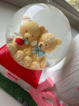 Ayıcıklı Love Kalemlikli Kar Küresi Özel Hediye Kutulu
