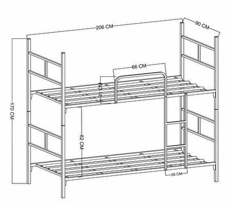 BUNKBED002 Ayrılabilir Metal Ranza Ve 2 Adet Sünger Yatak 90x190