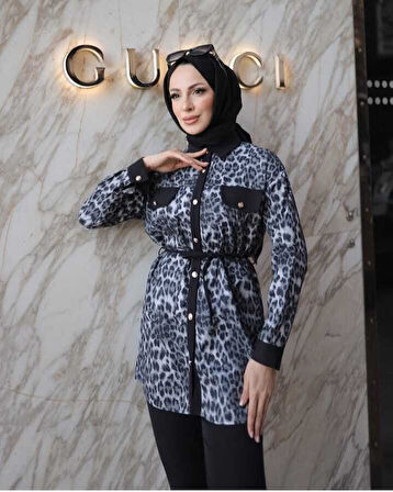 Buse Kadın Gri Leopar İspanyol Paça Desenli Saten İkili Takım BUSE-5109