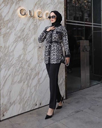 Buse Kadın Kahverengi Leopar İspanyol Paça Desenli Saten İkili Takım BUSE-5109