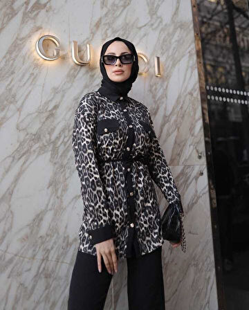 Buse Kadın Kahverengi Leopar İspanyol Paça Desenli Saten İkili Takım BUSE-5109