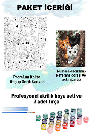 Sayılarla Boyama Seti Numaralı Tuval Fırça Boya Dahil Kasnaklı Set 50x70 Cm - AĞAÇTAKİ KEDİLER