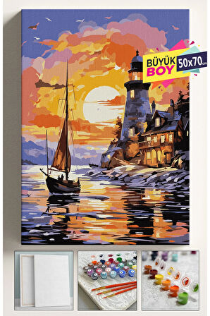 Sayılarla Boyama Seti Numaralı Tuval Fırça Boya Dahil Kasnaklı Set 50x70 Cm - DENİZ FENERİ TEKNE