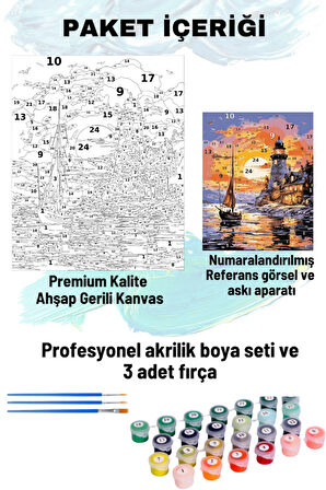Sayılarla Boyama Seti Numaralı Tuval Fırça Boya Dahil Kasnaklı Set 50x70 Cm - DENİZ FENERİ TEKNE