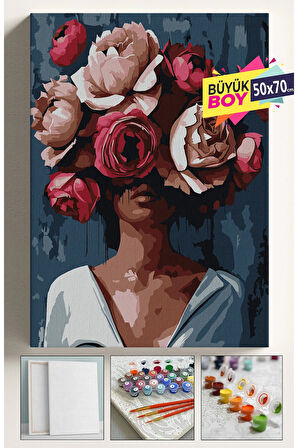 Sayılarla Boyama Seti Numaralı Tuval Fırça Boya Dahil Kasnaklı Set 50x70 Cm - GÜL AÇAN KADIN