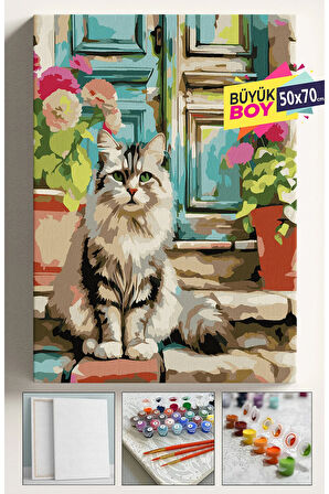 Sayılarla Boyama Seti Numaralı Tuval Fırça Boya Dahil Kasnaklı Set 50x70 Cm - KAPI ÖNÜ KEDİ
