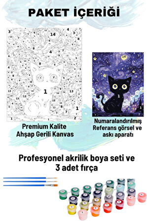 Sayılarla Boyama Seti Numaralı Tuval Fırça Boya Dahil Kasnaklı Set 50x70 Cm - KARA KEDİ