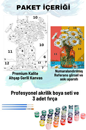 Sayılarla Boyama Seti Numaralı Tuval Fırça Boya Dahil Kasnaklı Set 50x70 Cm - KAVANOZ PAPATYALAR