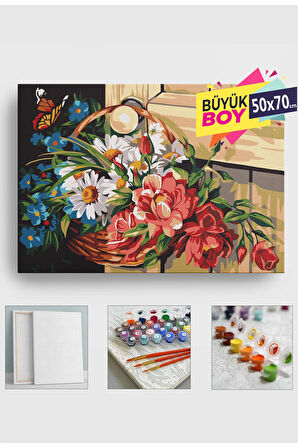 Sayılarla Boyama Seti Numaralı Tuval Fırça Boya Dahil Kasnaklı Set 50x70 Cm - KELEBEK ÇİÇEKLER
