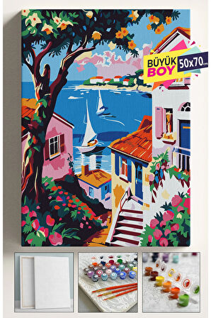 Sayılarla Boyama Seti Numaralı Tuval Fırça Boya Dahil Kasnaklı Set 50x70 Cm - MERDİVEN MANZARA