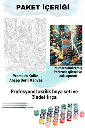 Sayılarla Boyama Seti Numaralı Tuval Fırça Boya Dahil Kasnaklı Set 50x70 Cm - PAPATYALAR İÇİNDE KEDİ