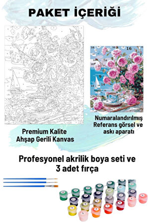 Sayılarla Boyama Seti Numaralı Tuval Fırça Boya Dahil Kasnaklı Set 50x70 Cm - PEMBE GÜLLÜ MANZARA